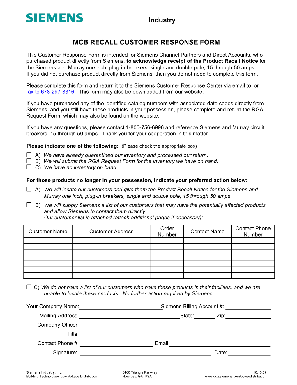 Mcb Recall Customer Response Form