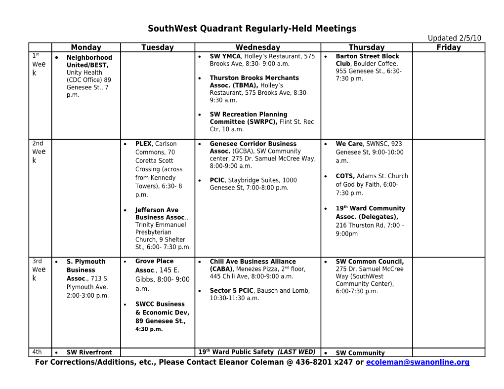 Southwest Quadrant Regularly-Held Meetings