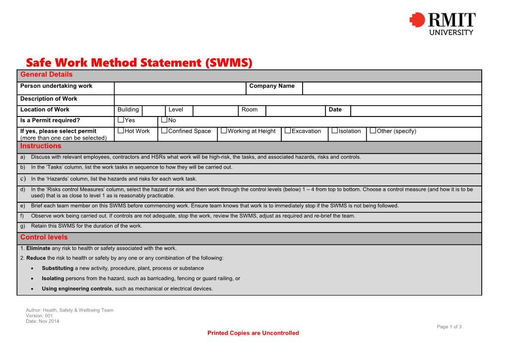 Safe Work Method Statement (SWMS)