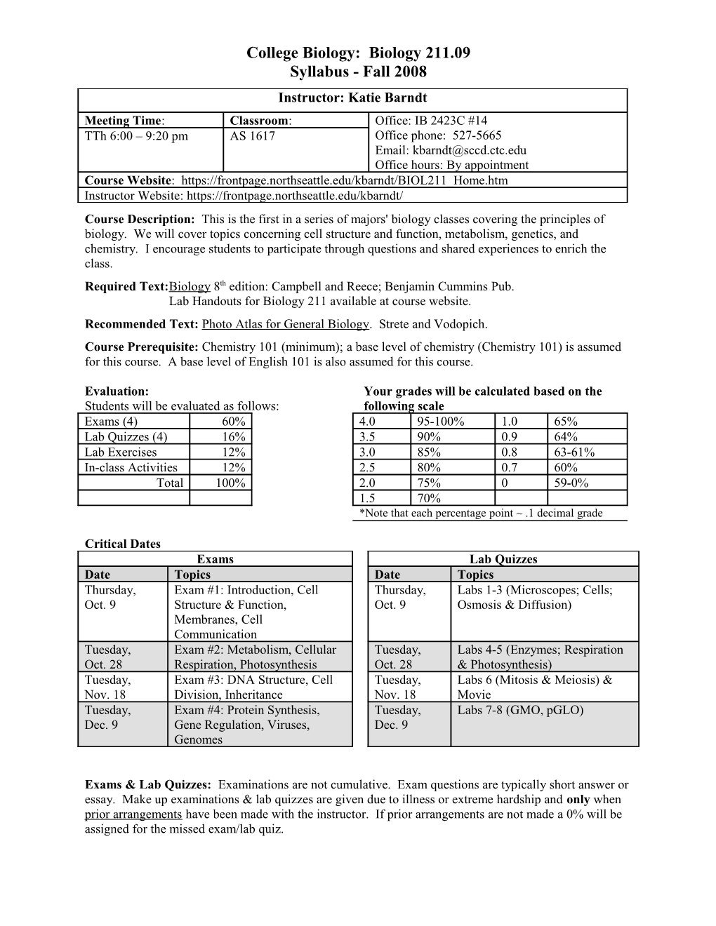 Biology 211 Schedule Fall 2008