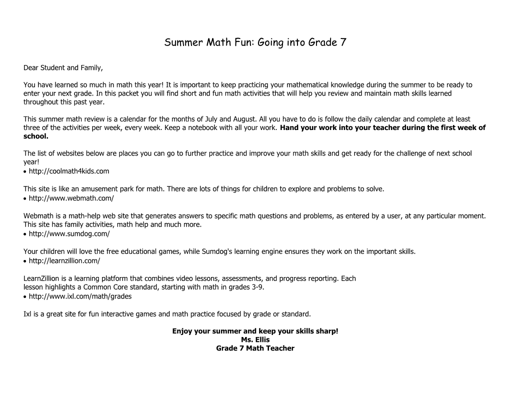 Summer Math Fun: Going Into Grade 7