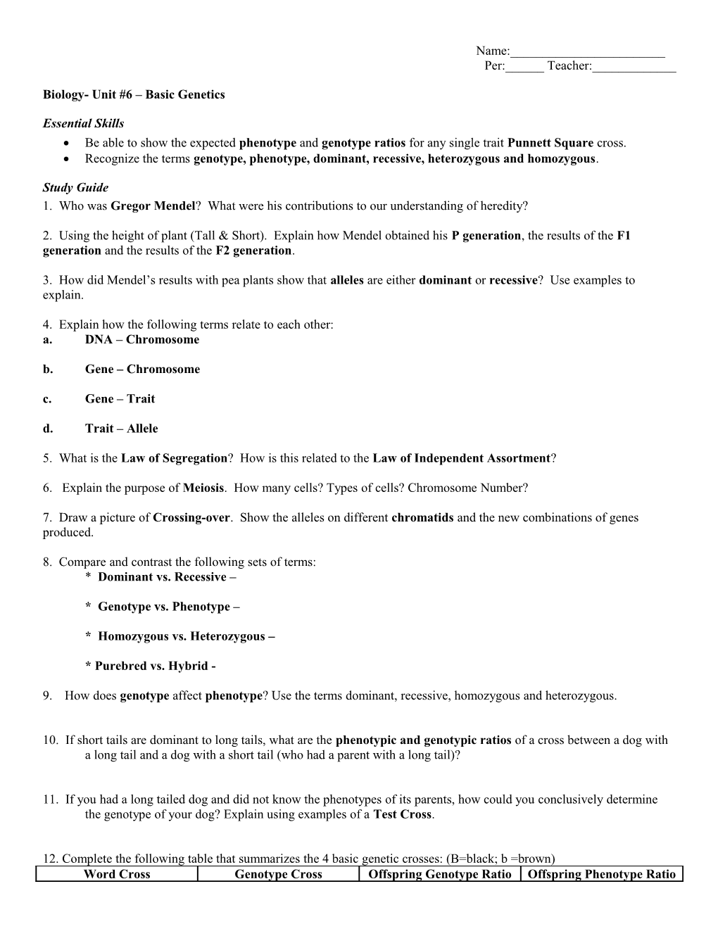 Biology- Unit #6 Basic Genetics