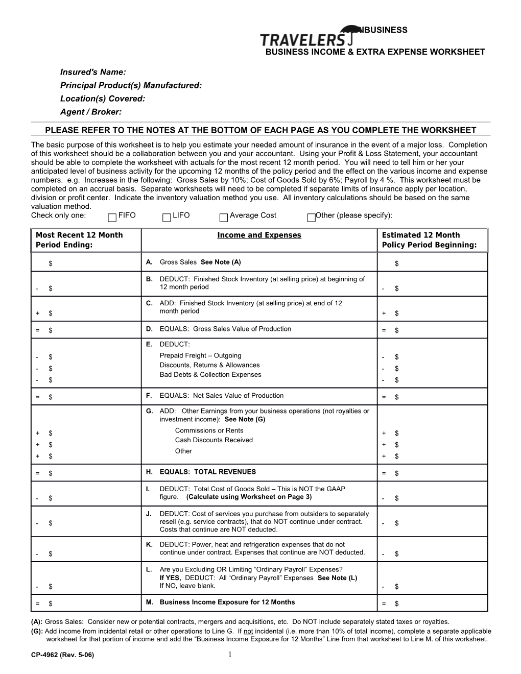 Business Income & Extra Expense Worksheet