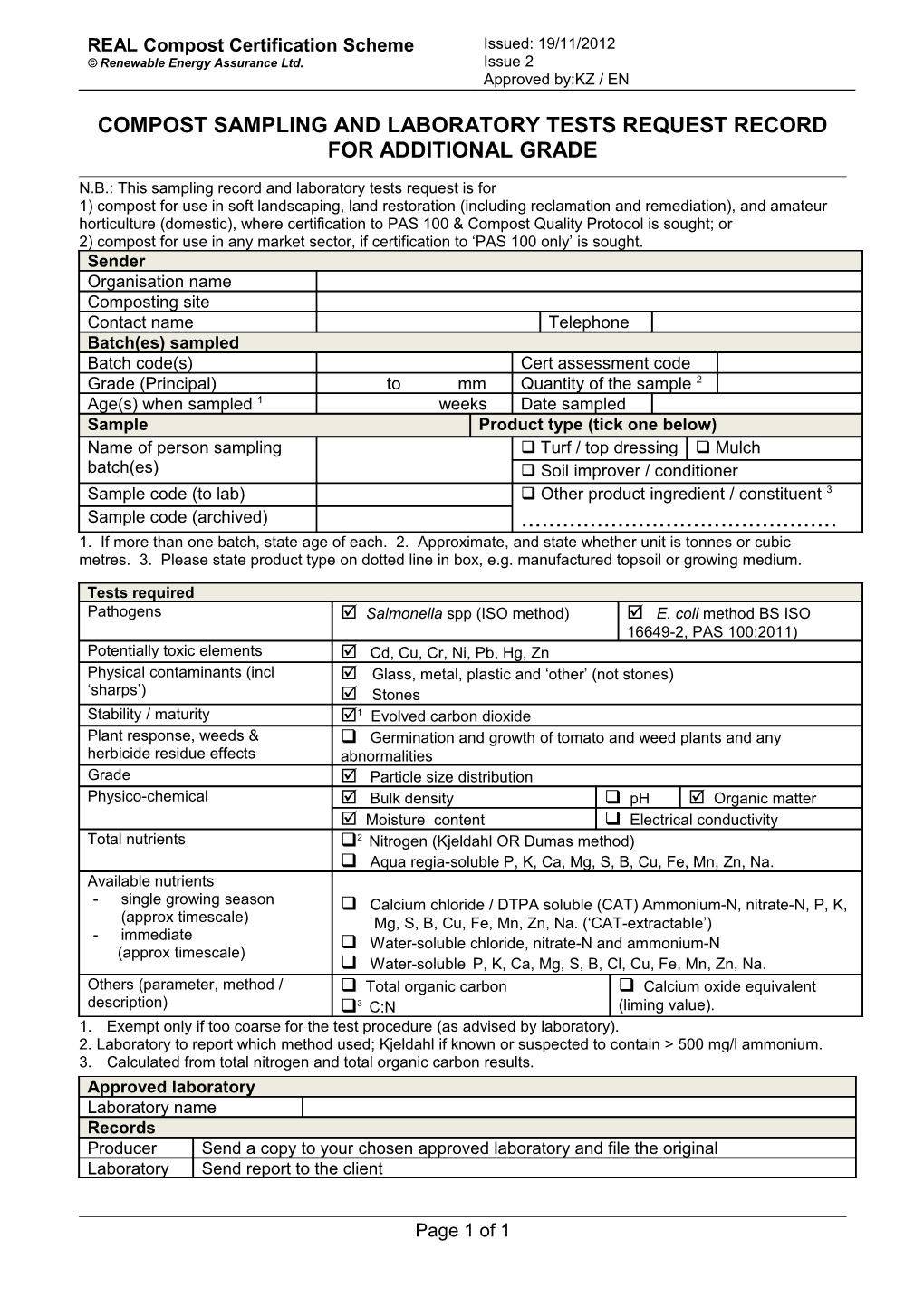 Compost Sampling and Laboratory Tests Request Record for Additional Grade