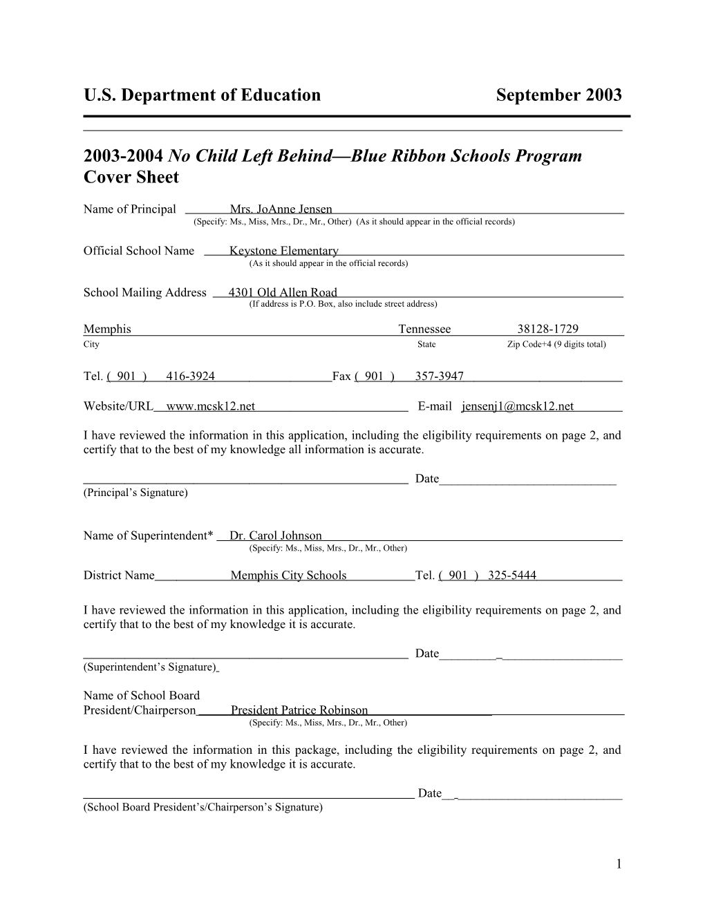 Keystone Elementary School 2004 No Child Left Behind-Blue Ribbon School Application (Msword)