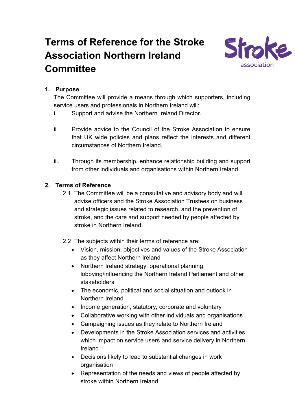 Terms of Reference for the Stroke Association (Northern Ireland) Committee