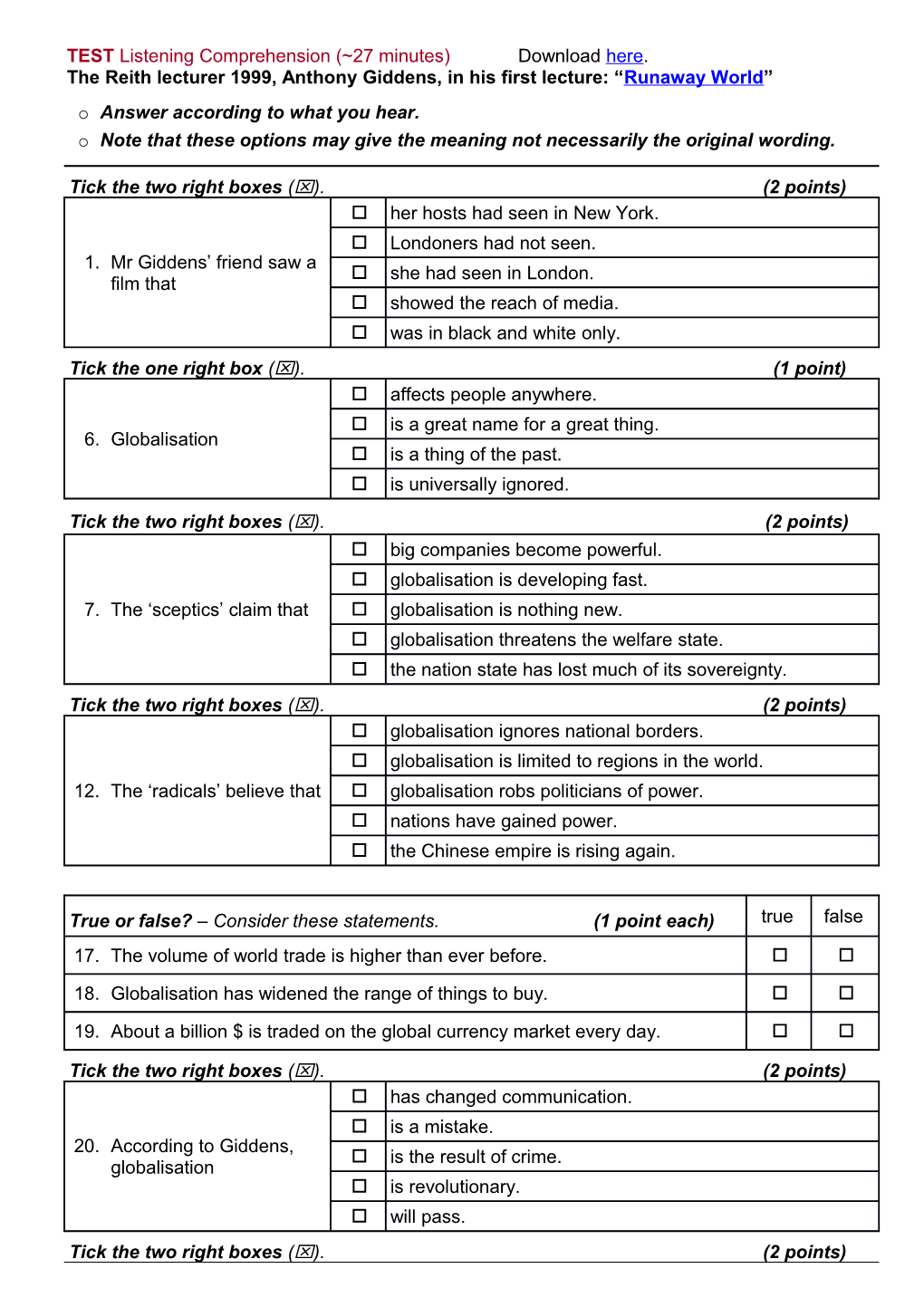 TEST Listening Comprehension ( 27 Minutes)Download Here. the Reith Lecturer 1999, Anthony