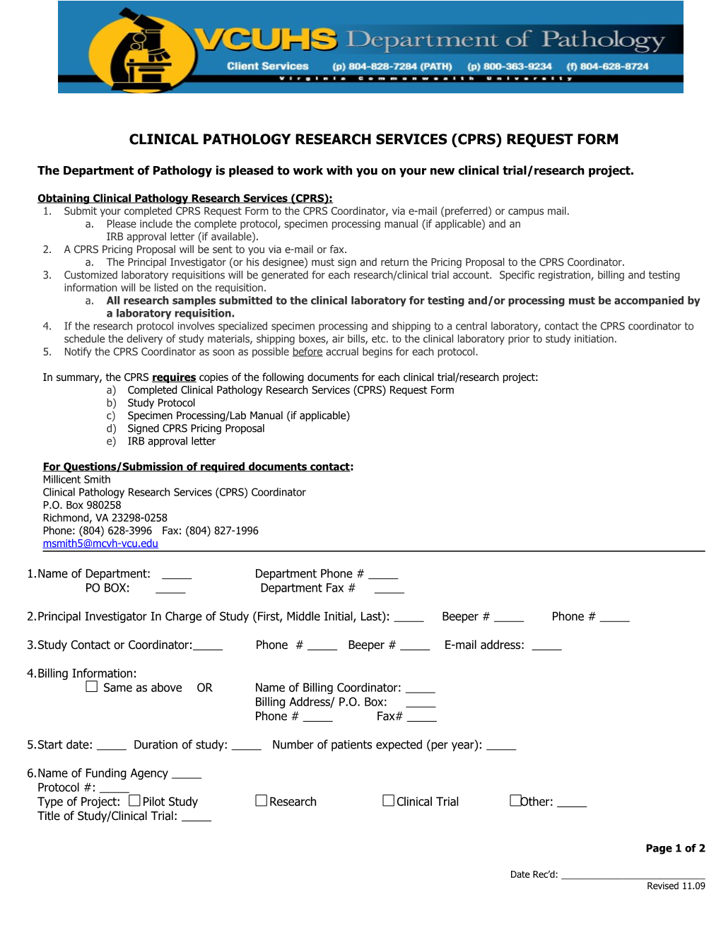 Clinical Pathology Research Services (Cprs) Request Form