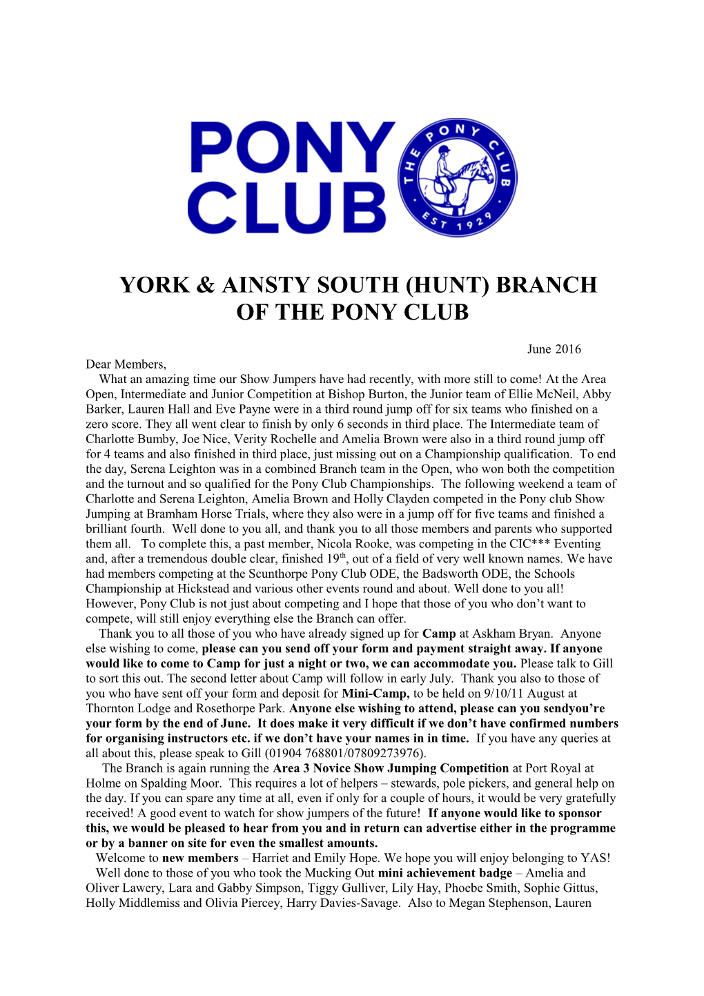 York & Ainsty South (Hunt) Branch of the Pony Club