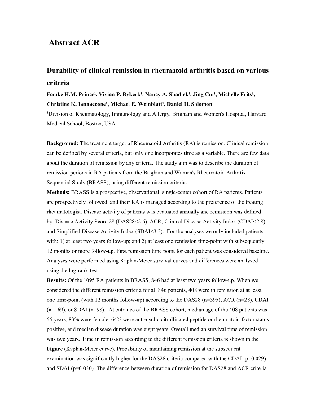 Durability of Clinical Remission in Rheumatoid Arthritis Based on Various Criteria