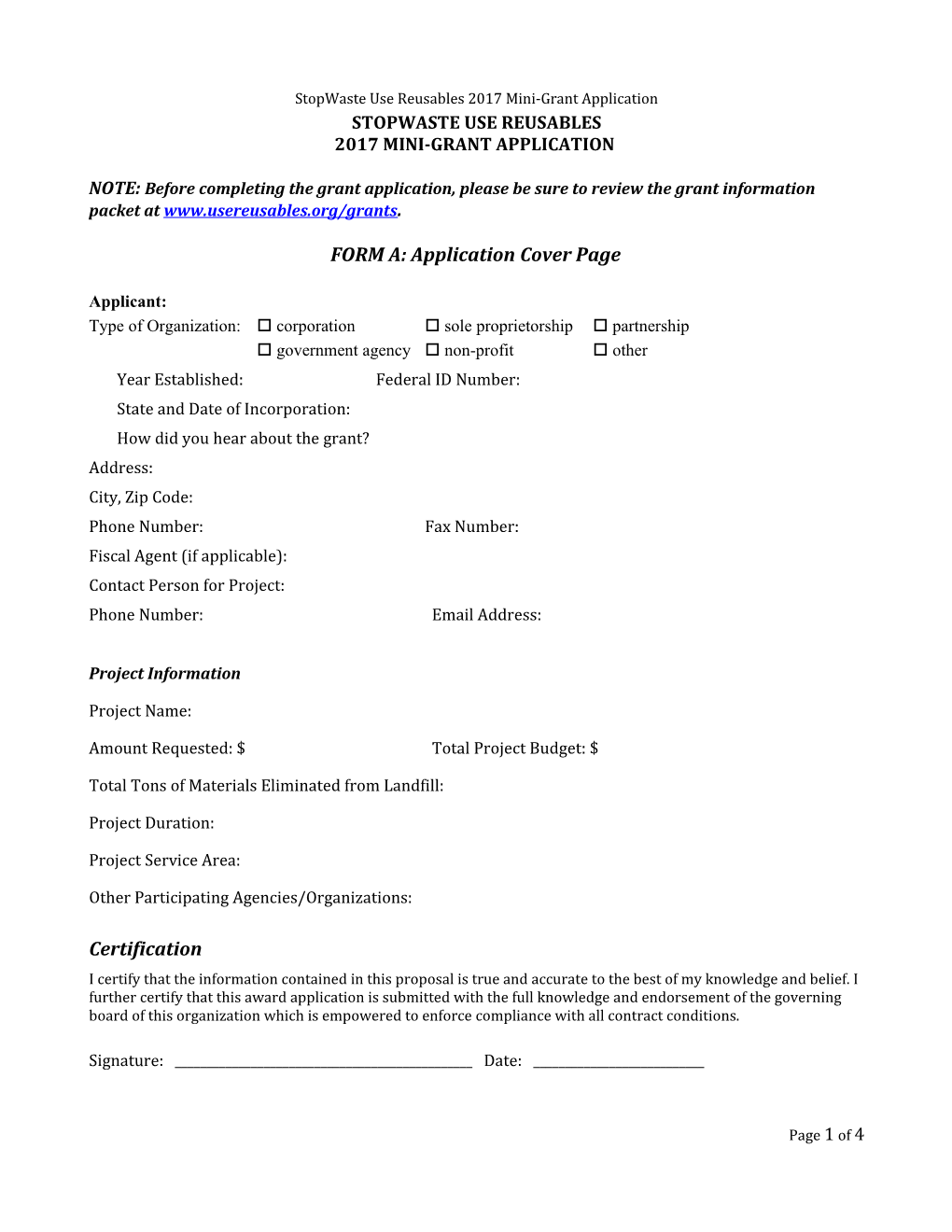 Stopwasteuse Reusables 2017 Mini-Grant Application