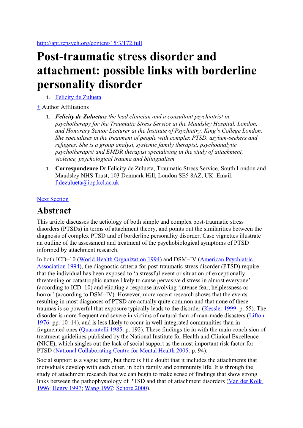 Post-Traumatic Stress Disorder and Attachment: Possible Links with Borderline Personality