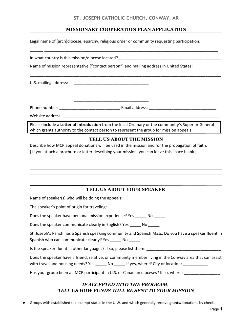 St. Joseph's Catholic Church MCP Application