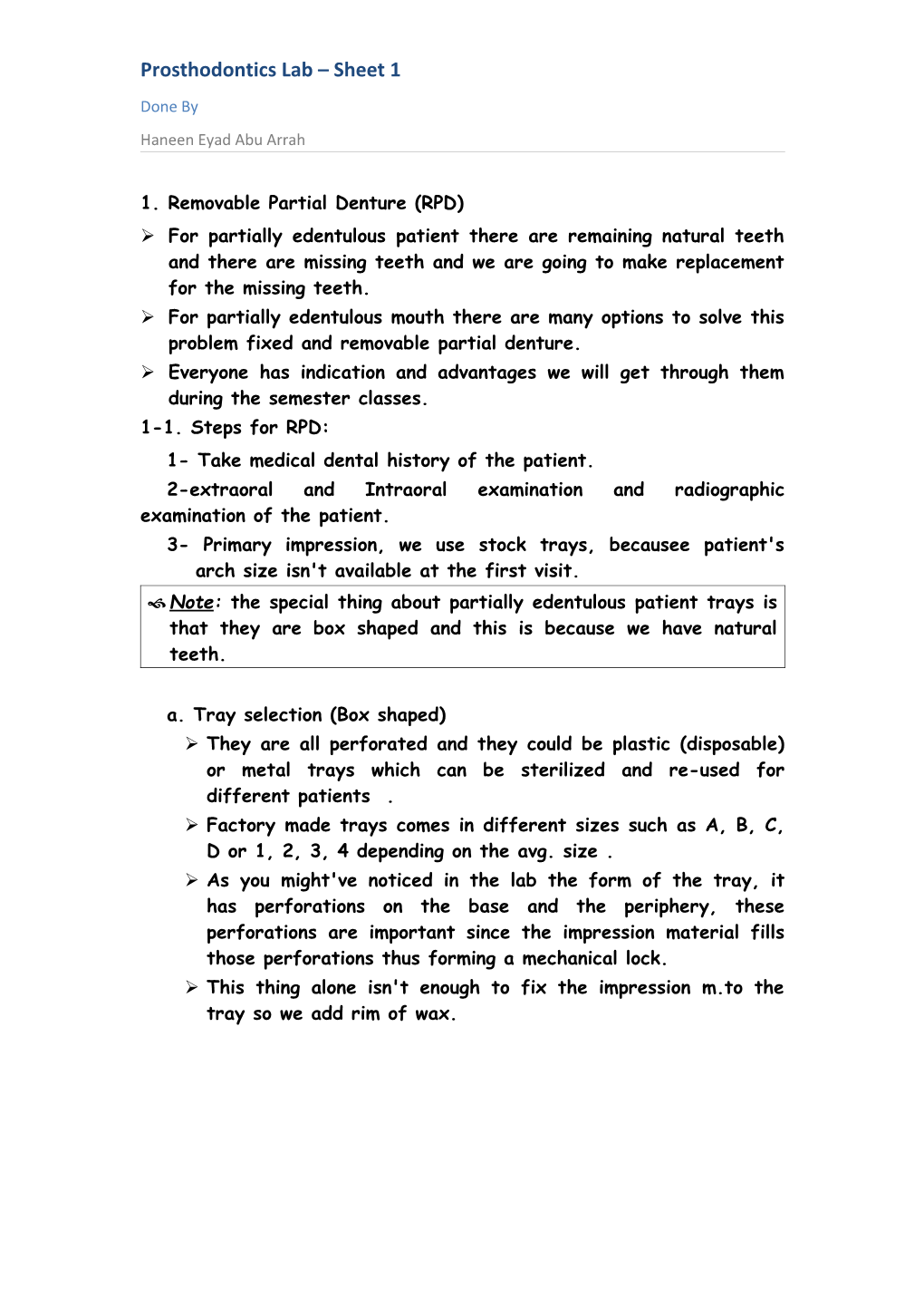 Prosthodontics Lab Sheet 1