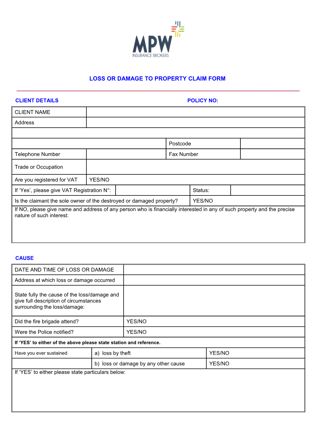 Loss Or Damage to Property Claim Form
