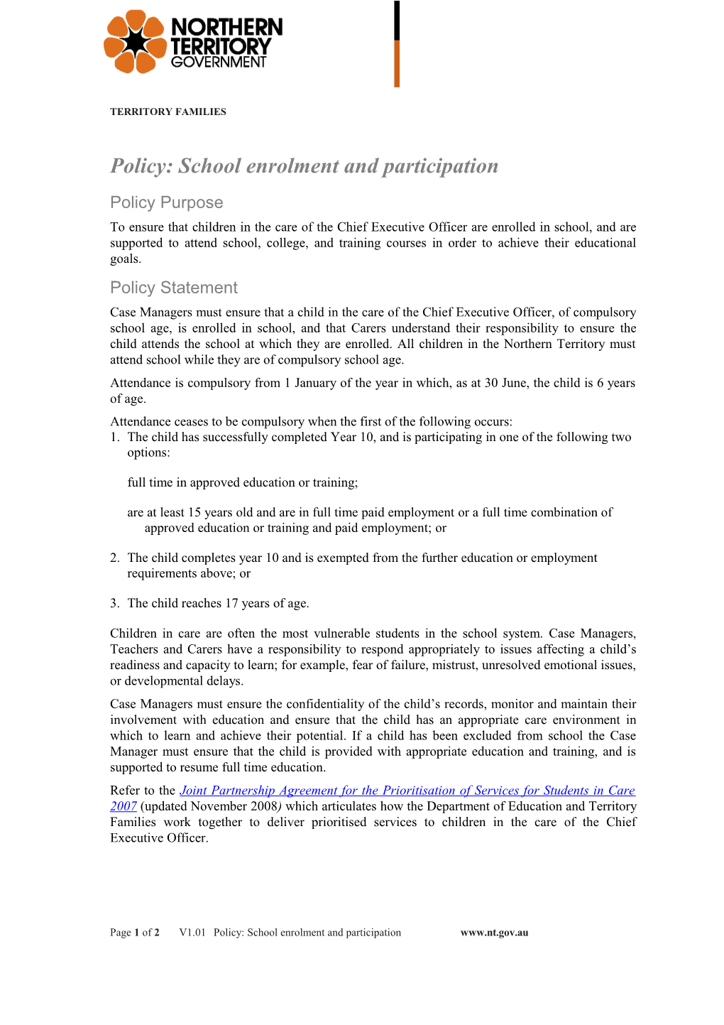 Policy: School Enrolment and Participation