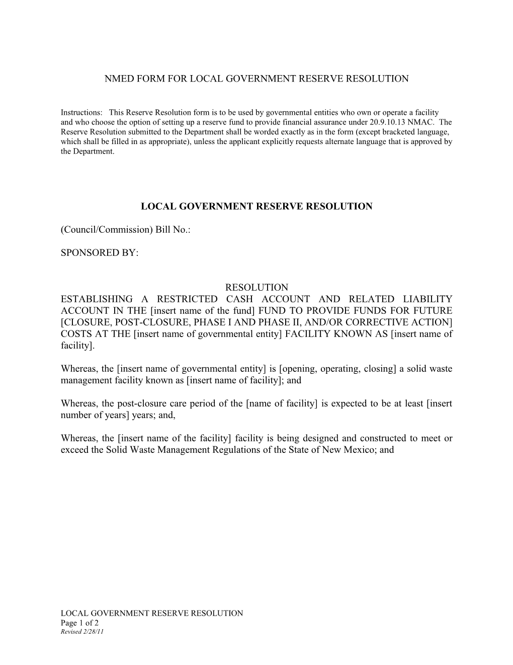 Nmed Form for Local Government Reserve Resolution