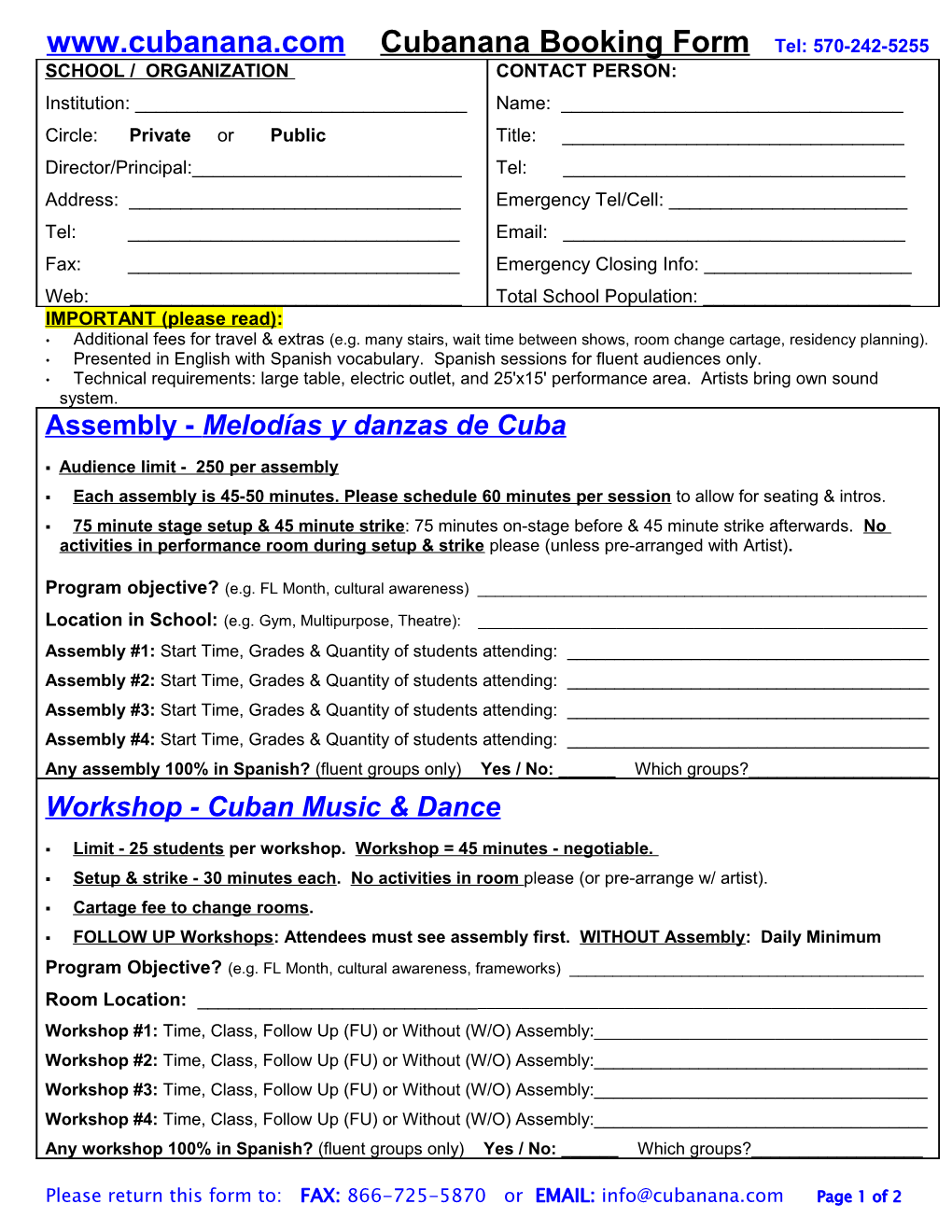 Cubanana Booking Form