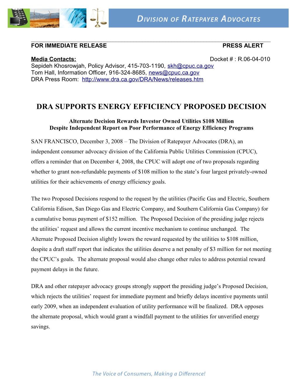 Dra Supports Energy Efficiency Proposed Decision