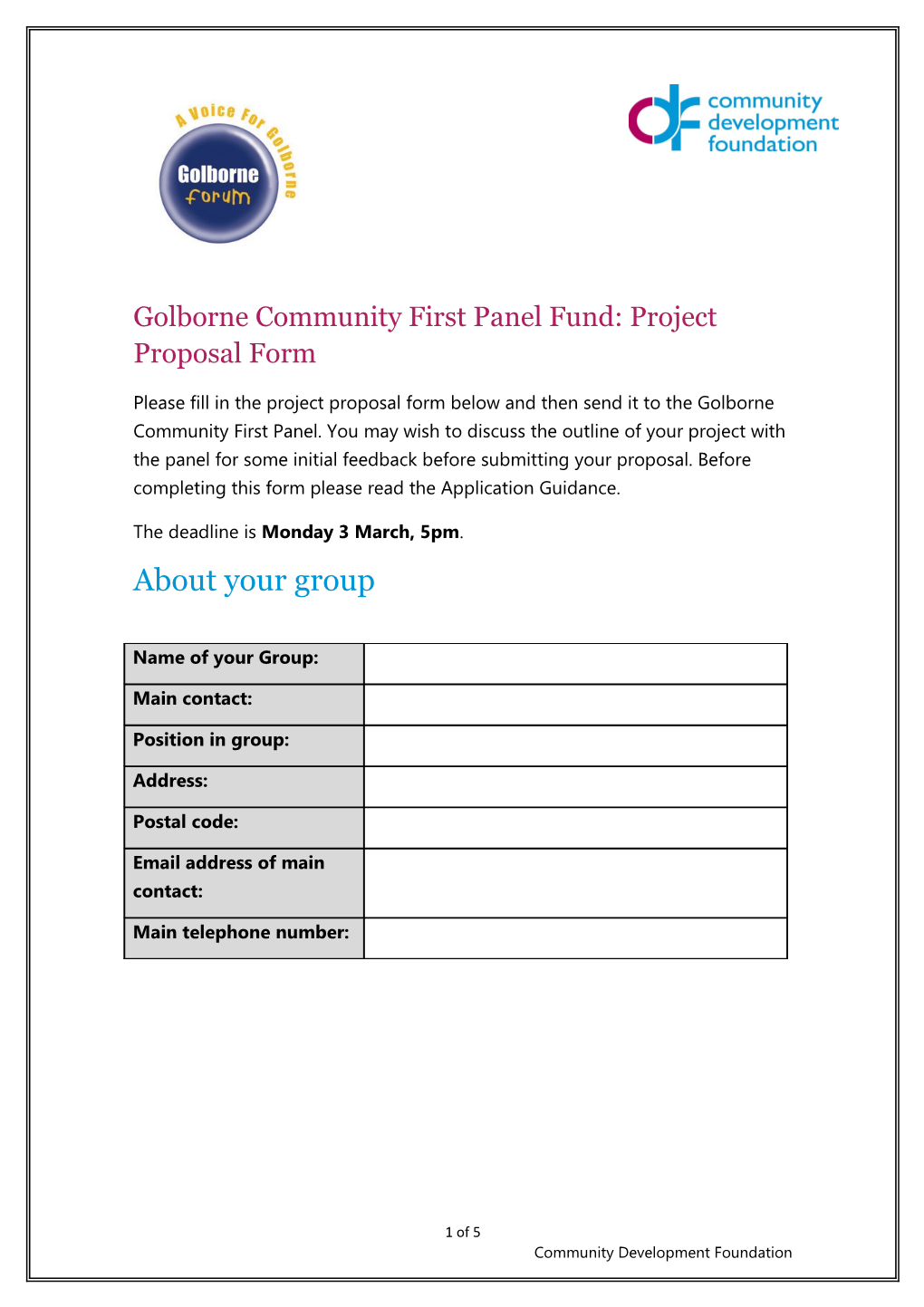 Golborne Community Panel Funding Application Form May 2012