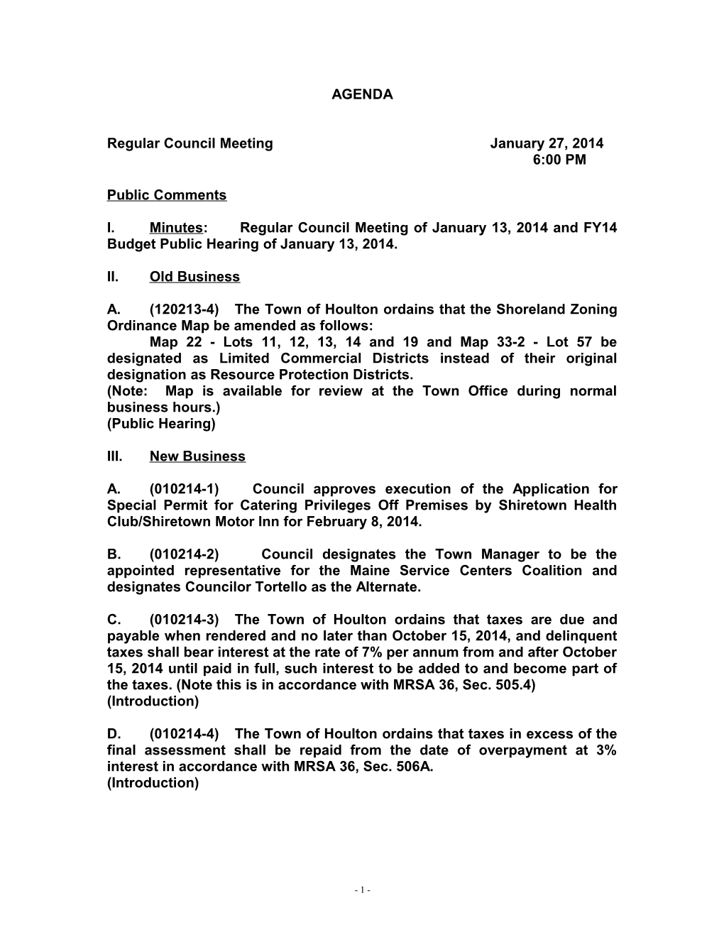 Regular Council Meeting January 27, 2014