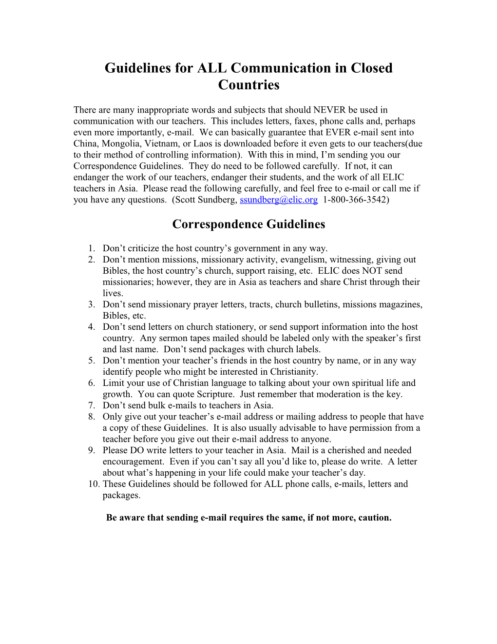 Guidelines for ALL Communication in Closed Countries