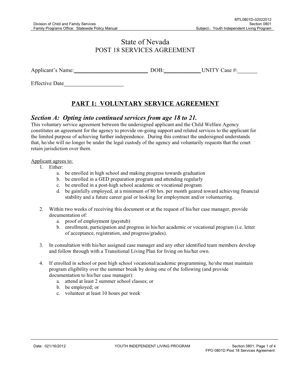 Voluntary Service Agreement