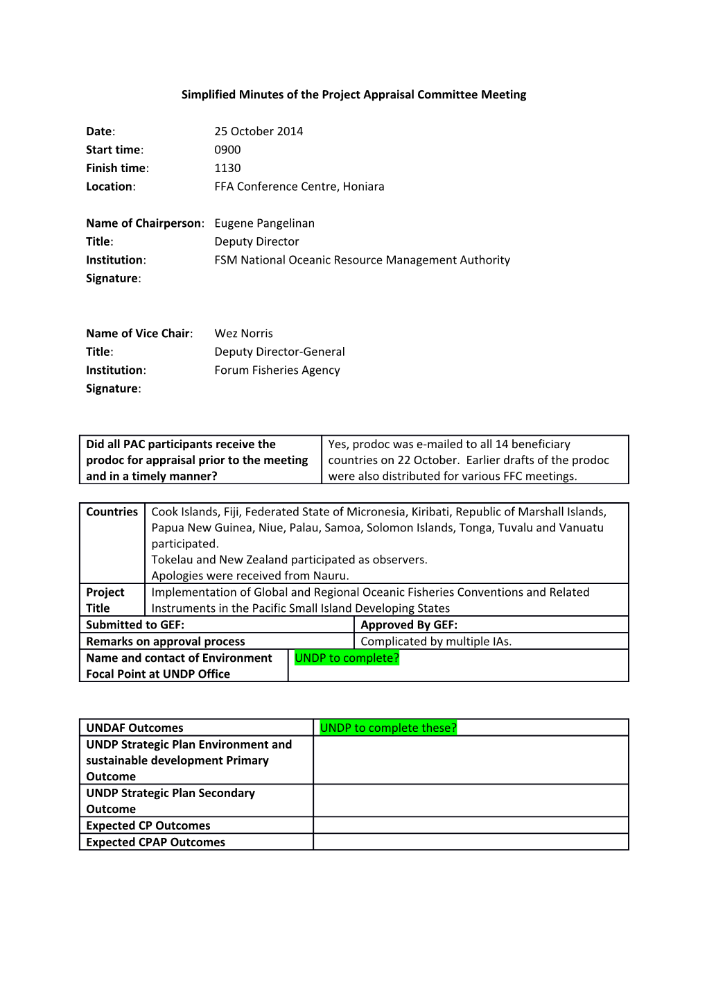 Simplified Minutes of the Project Appraisal Committee Meeting