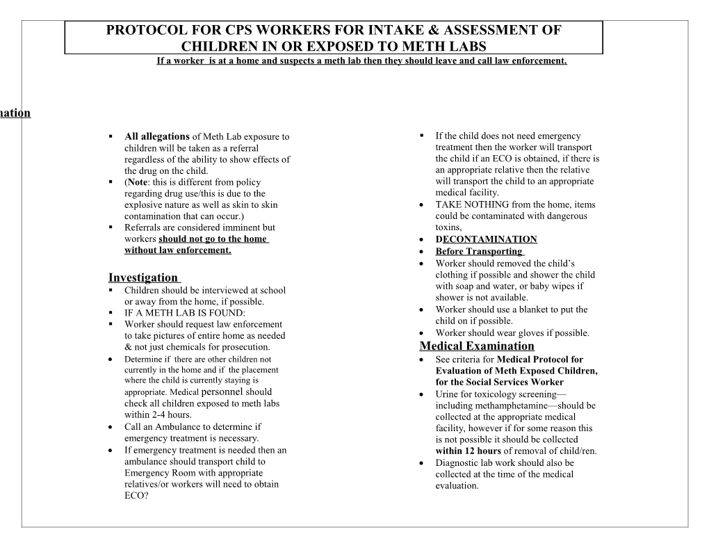 Protocol for Cps Workers for Intake & Assessment of Children in Or Exposed to Meth Labs