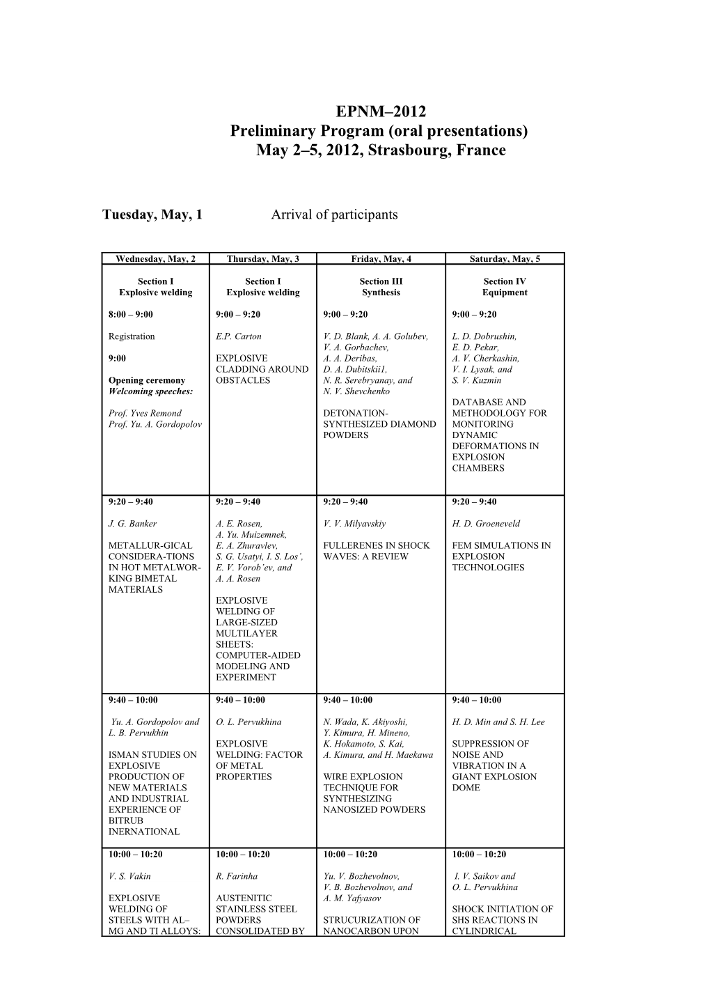 Preliminary Program (Oral Presentations)
