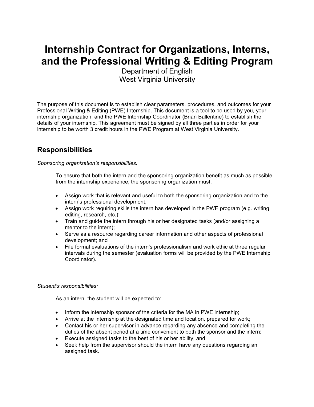 Internship Contract for Organizations, Interns, and the Professional Writing Program