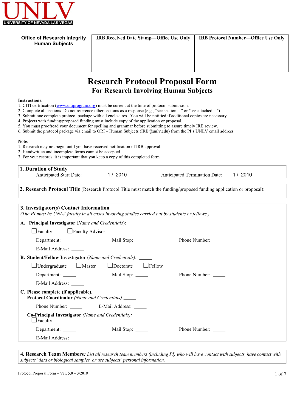 Research Protocol Proposal Form for Research Involving Human Subjects
