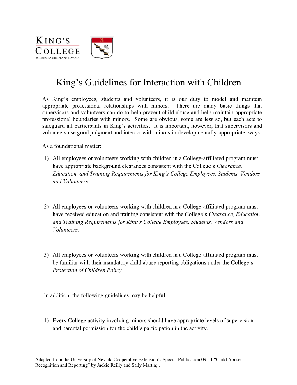 King S Guidelines for Interaction with Children
