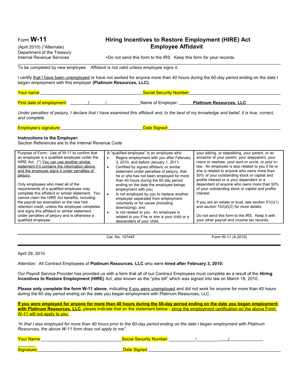 Form W-11Hiring Incentives to Restoreemployment (HIRE) Act