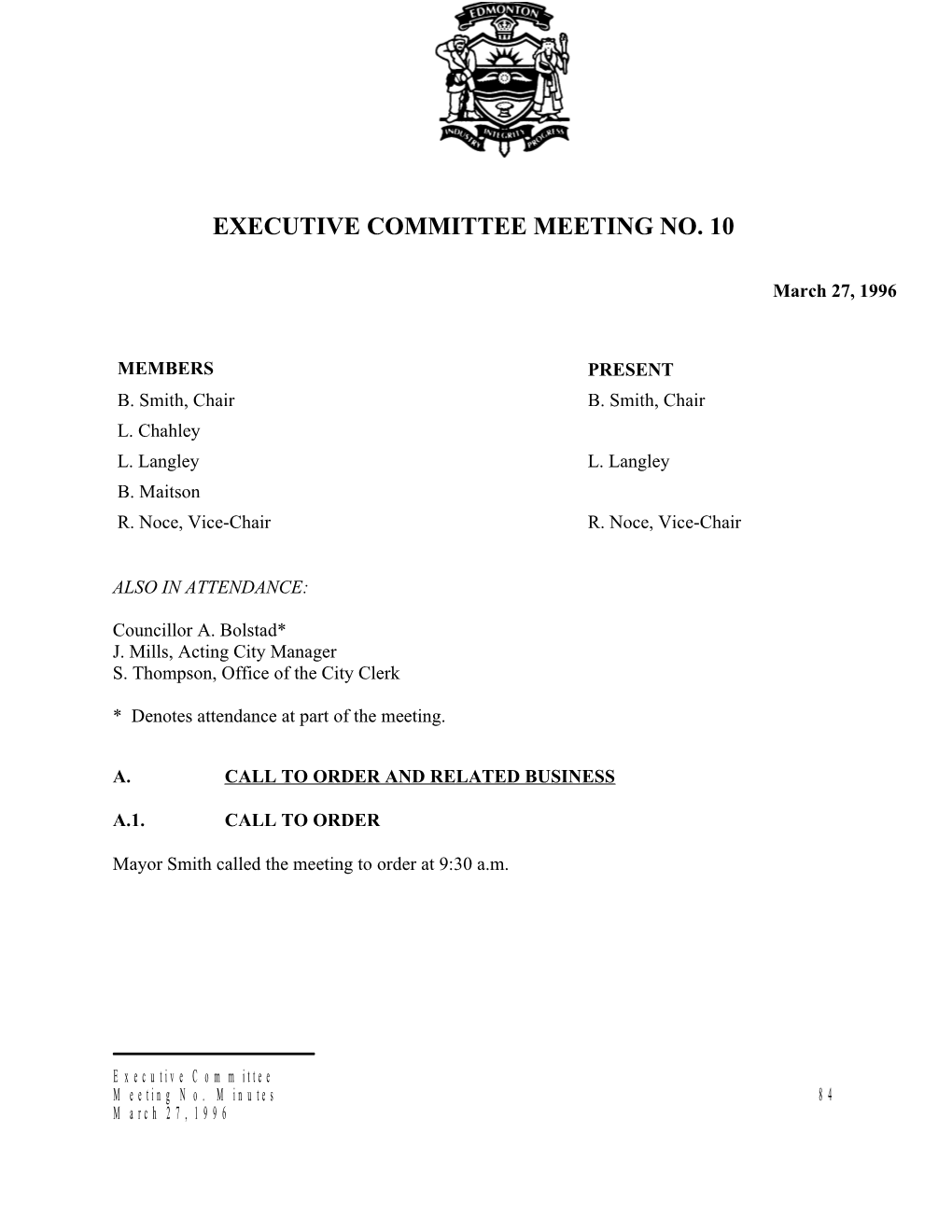 Minutes for Executive Committee March 27, 1996 Meeting