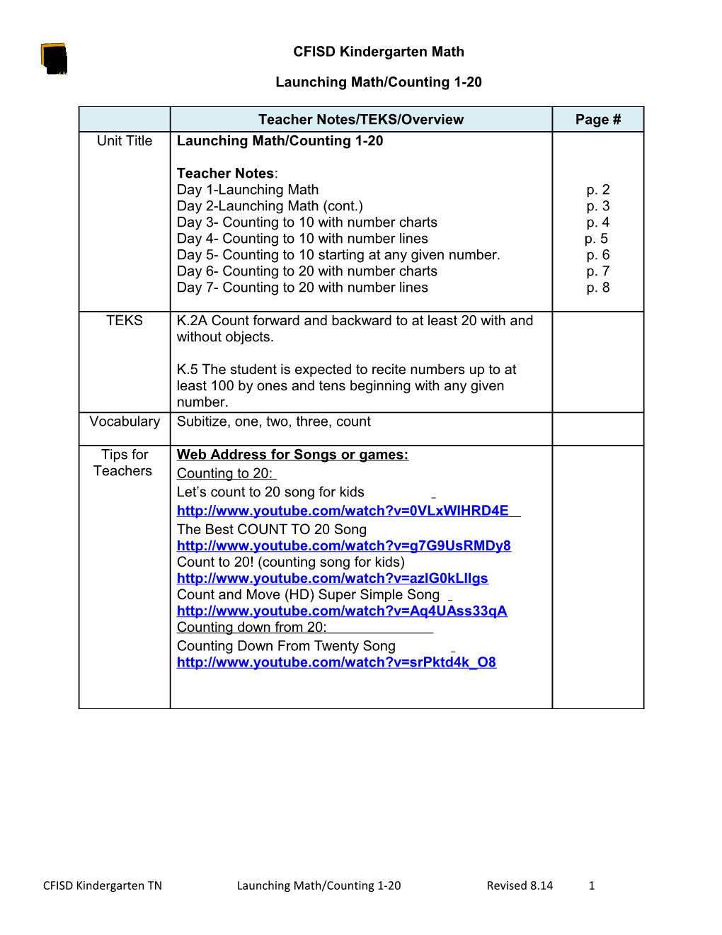 Launching Math/Counting 1-20