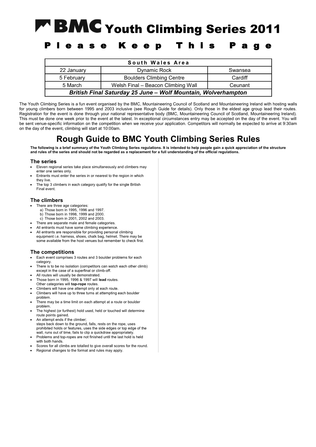 Rough Guide to BMC Youth Climbing Series Rules
