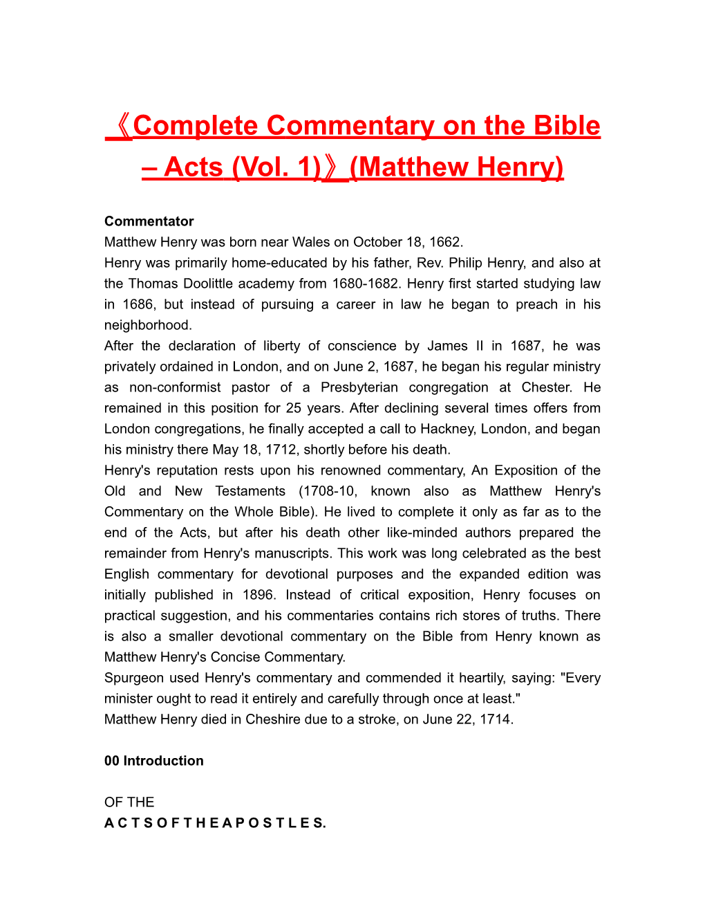 Completecommentary on the Bible Acts(Vol. 1) (Matthew Henry)