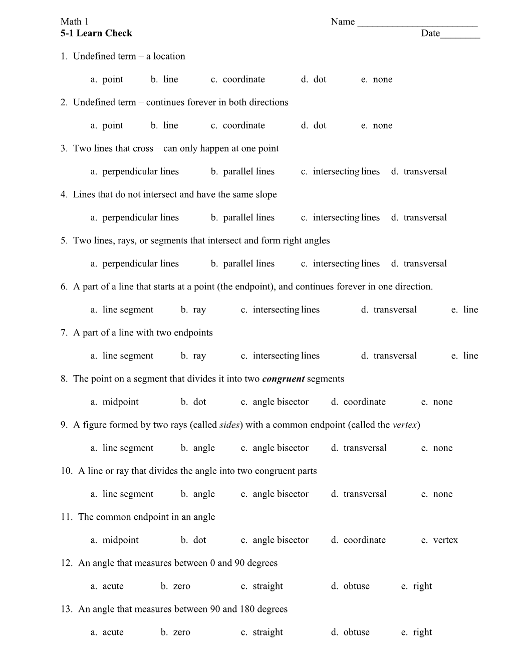 Math 1 Geometry Terms Learn Check