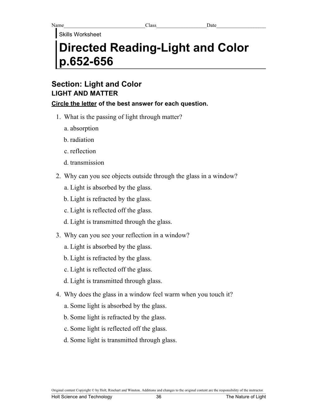 Directed Reading-Light and Color P.652-656