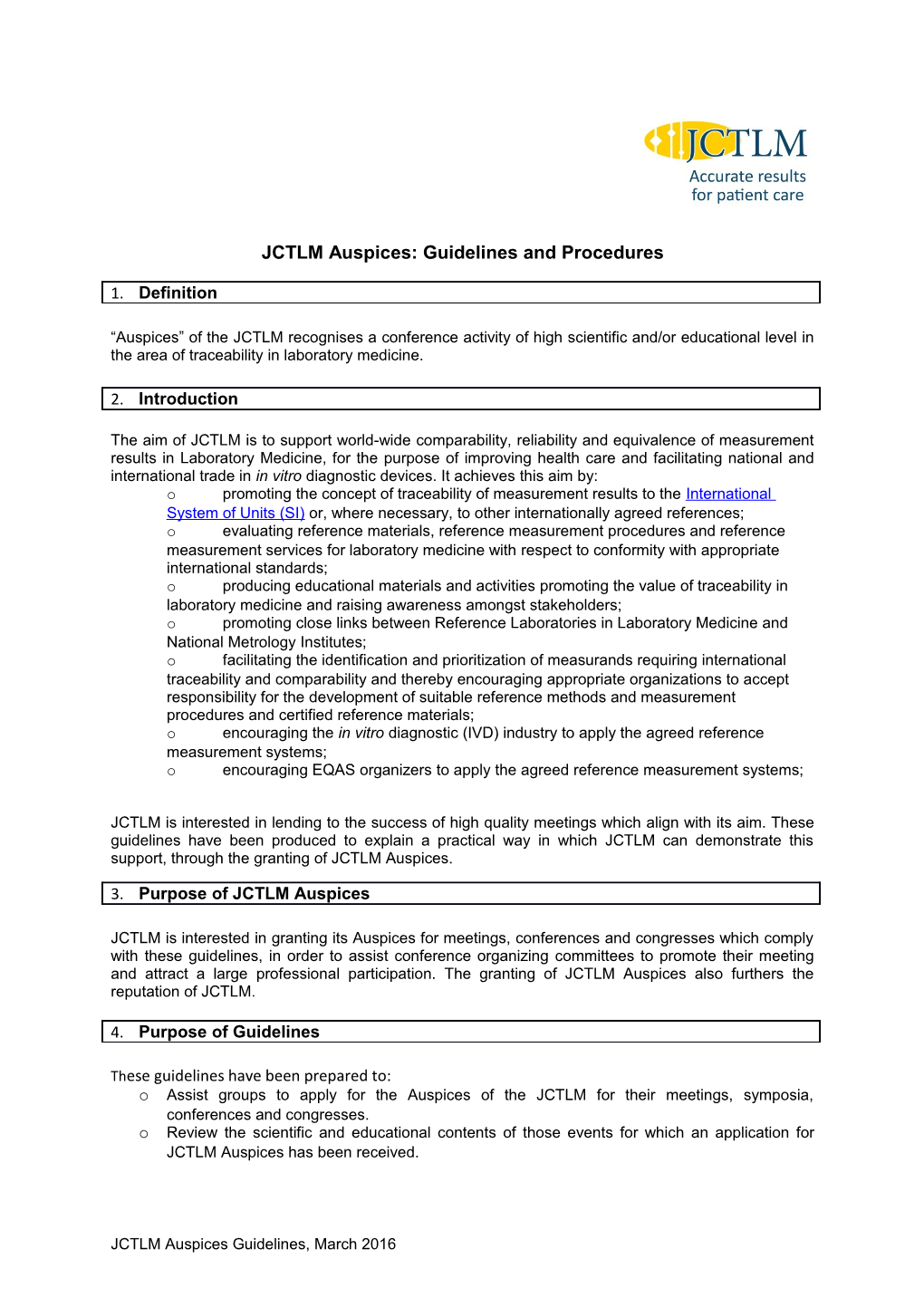 JCTLM Auspices: Guidelines, Procedures and Form