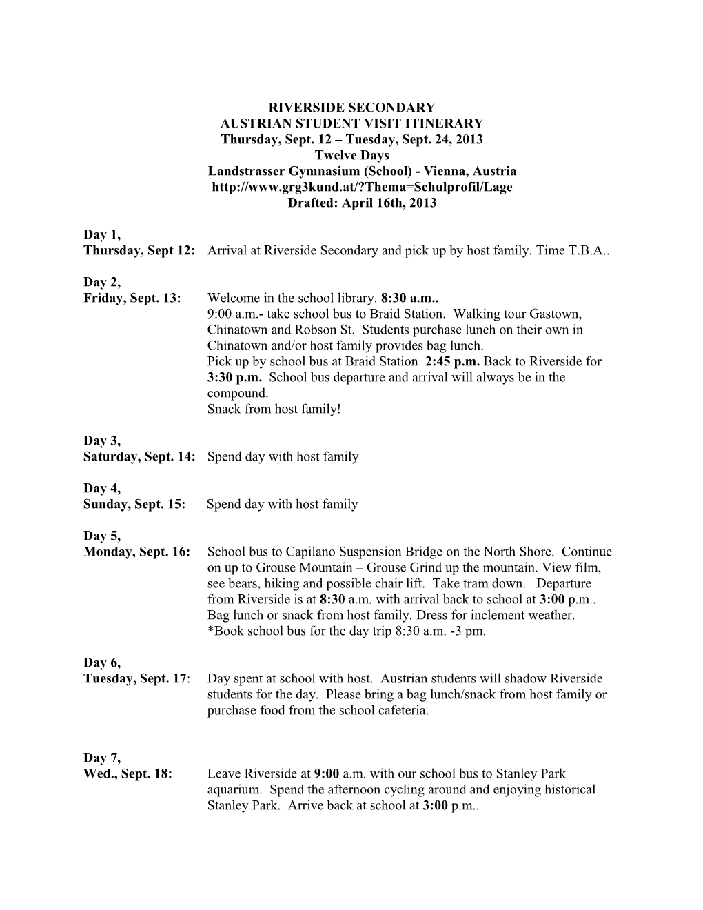 Austrian Student Visit Itinerary