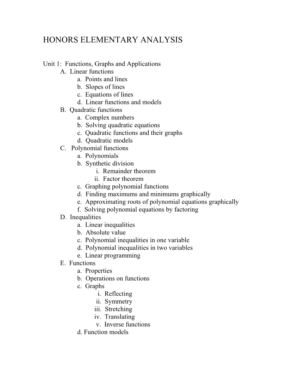 Elementary Analysis Honors Syllabus