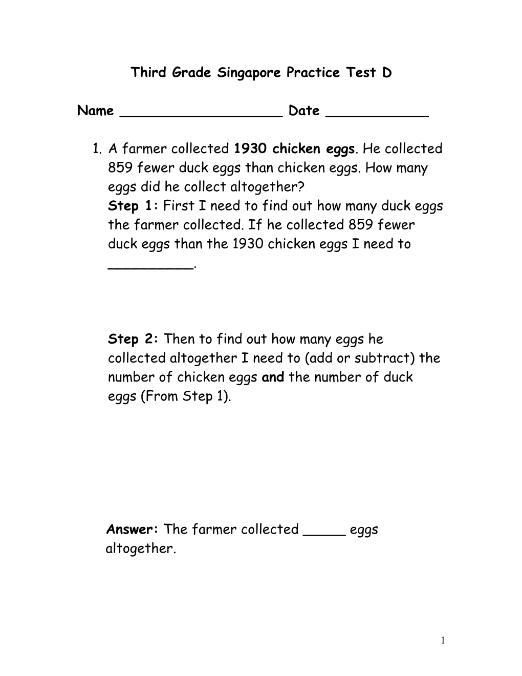 Third Grade Singapore Practice Test D