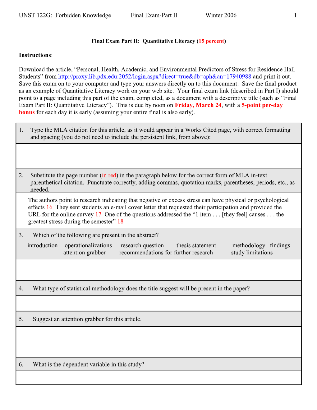 Final Exam Part II: Quantitative Literacy ( 15 Percent)