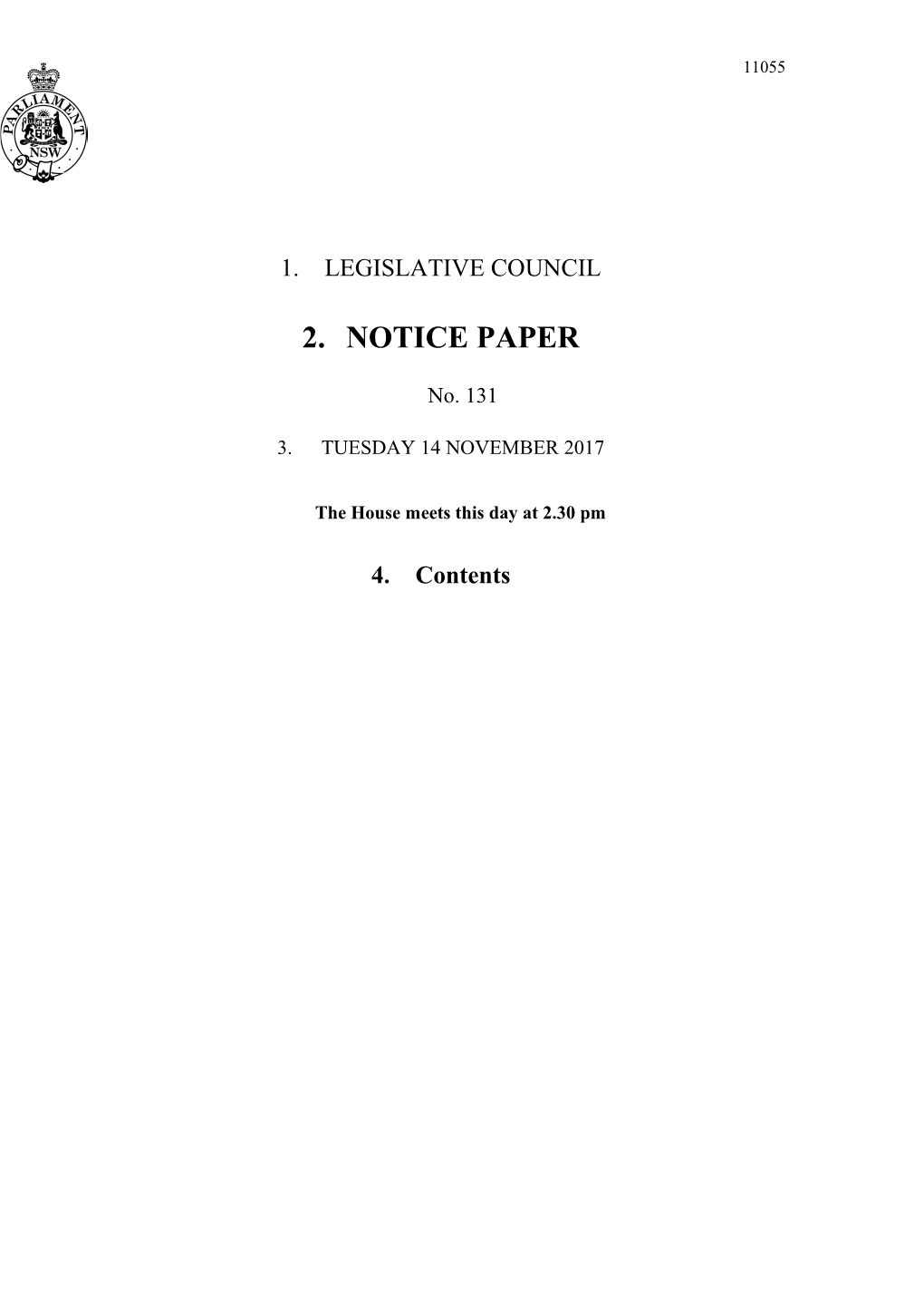 Legislative Council Notice Paper No. 131 Tuesday 14 November 2017
