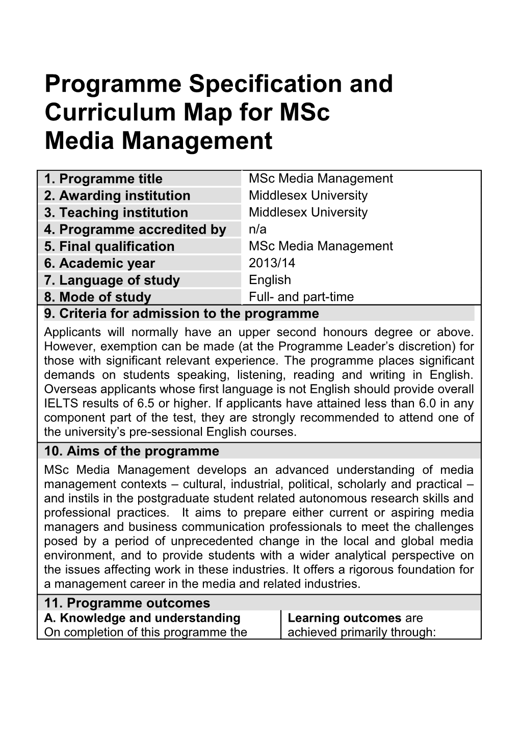 Programme Specification and Curriculum Map for Msc