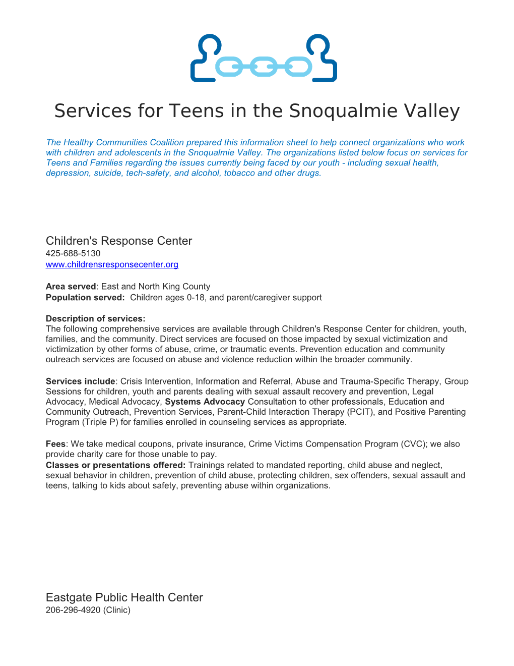 Services for Teens in the Snoqualmie Valley