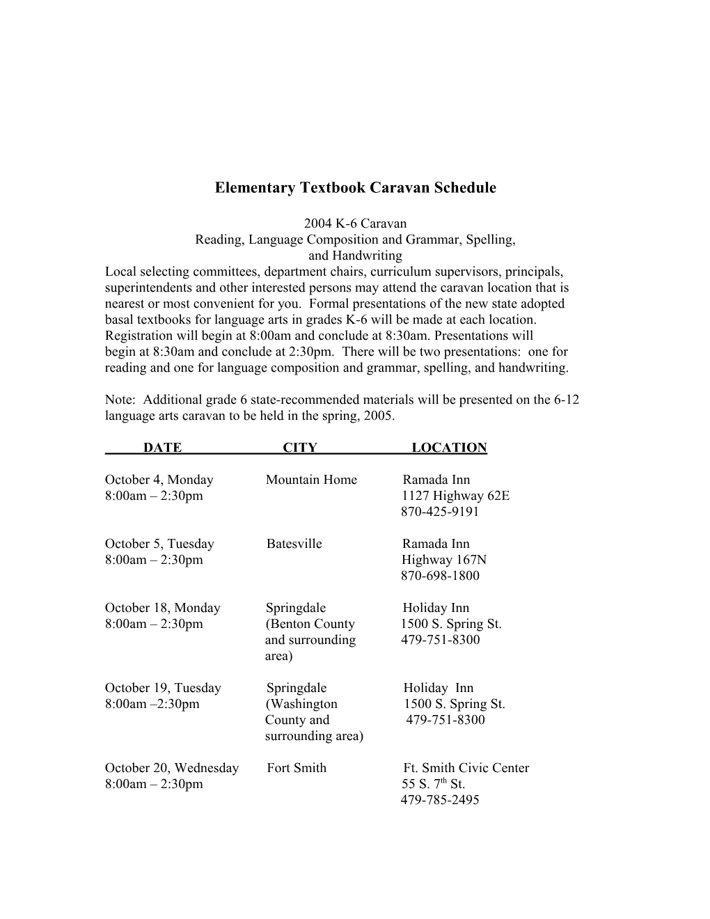 Elementary Textbook Caravan Schedule