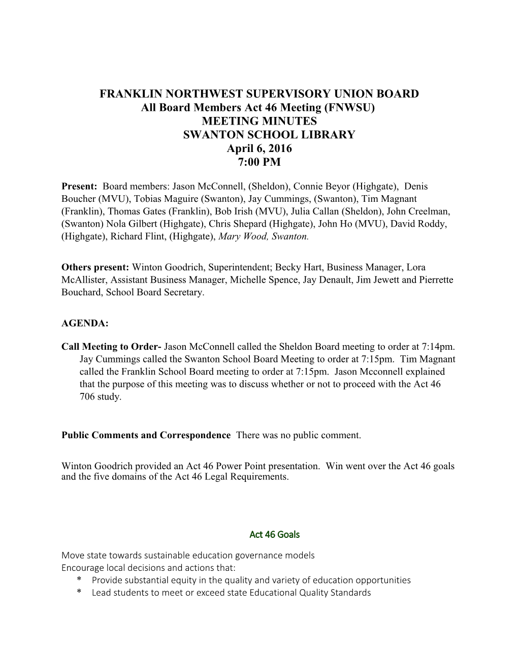 Franklin Northwest Supervisory Union Board
